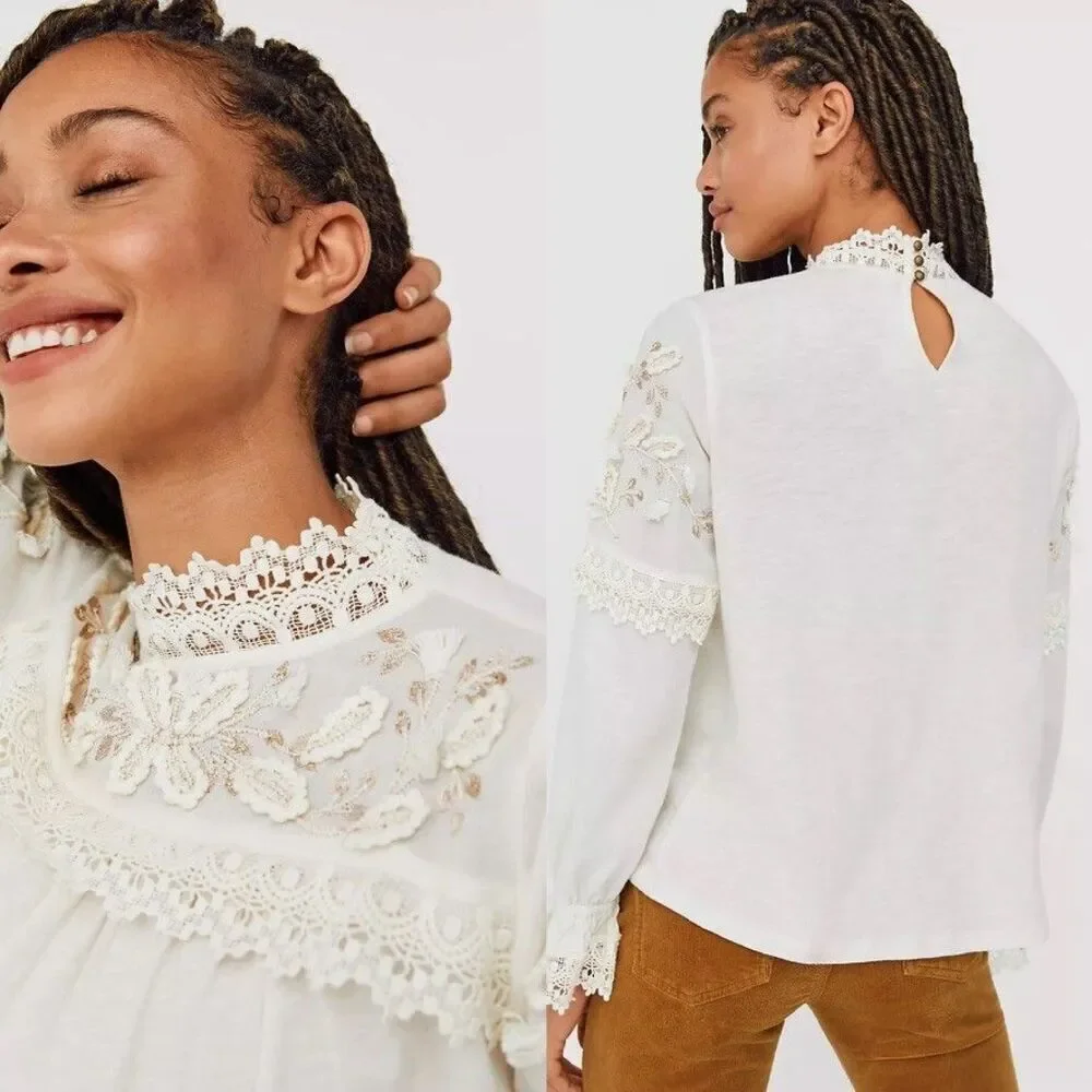 Anthropologie Jemma Cream Crochet Lace Romantic Blouse Size M NEW